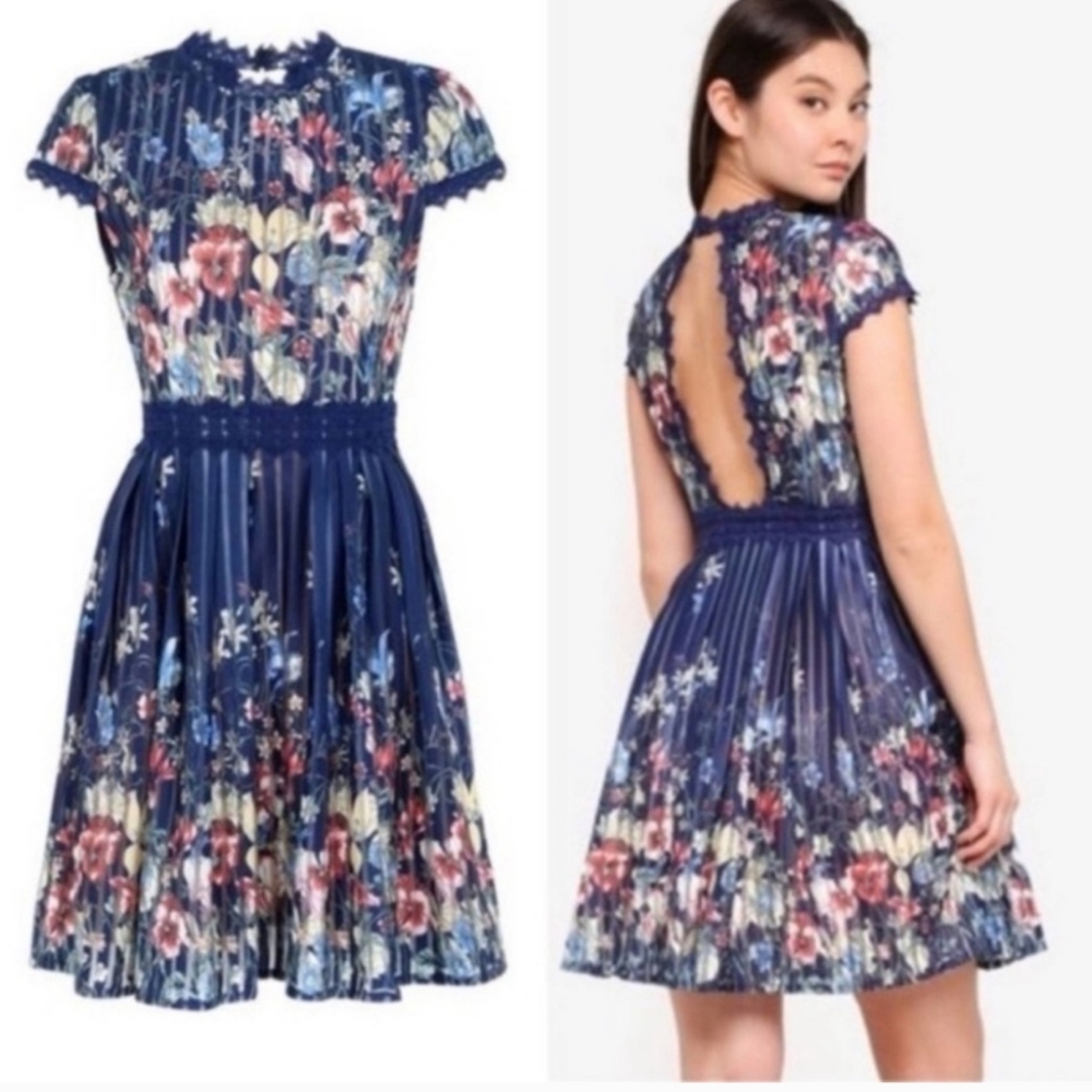 Anthropologie foxiedox xl floral pleated open back lace detail dress